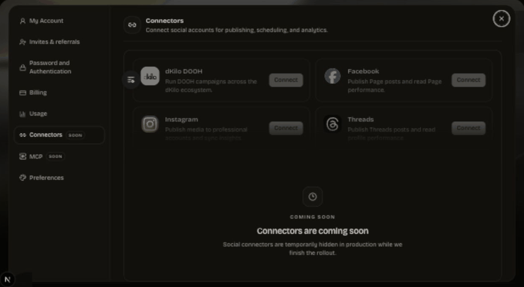 Passez en revue les paramètres du connecteur social en direct et les états de connexion à la plateforme actuellement exposés.